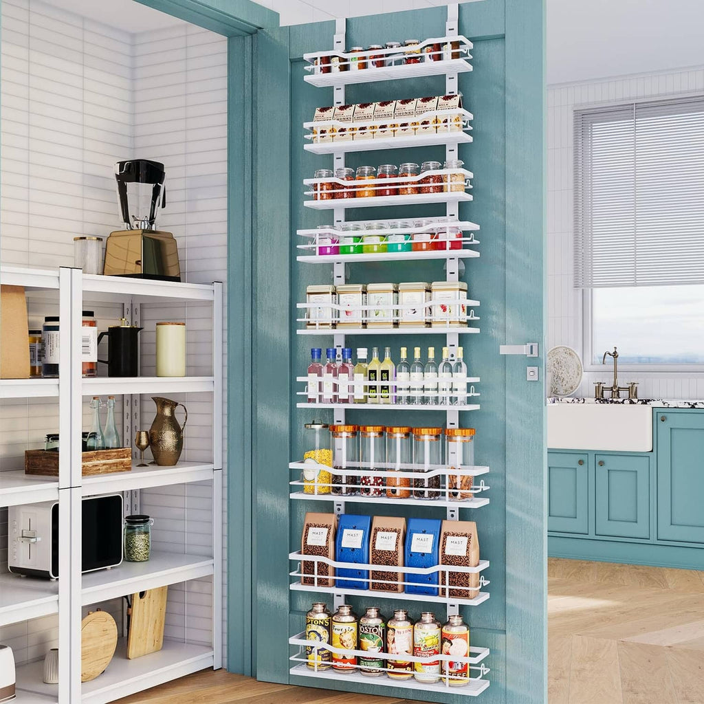White over-the-door pantry organizer with multiple tiers for pantry storage