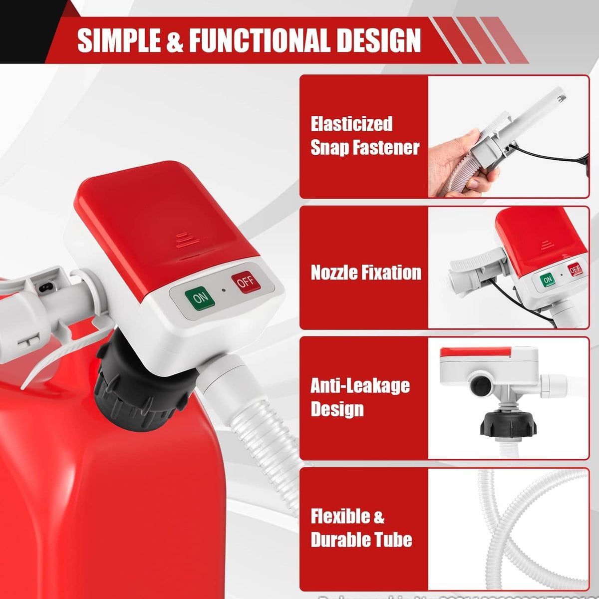 Red automatic fuel transfer pump with snap-on design nozzle and anti-leak fitting
