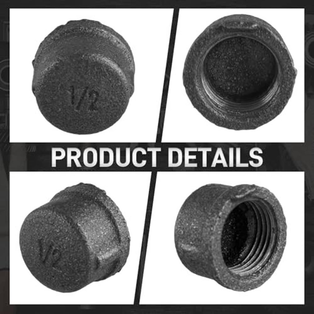 Malleable iron pipe thread cap with 1/2 in threads, textured black exterior