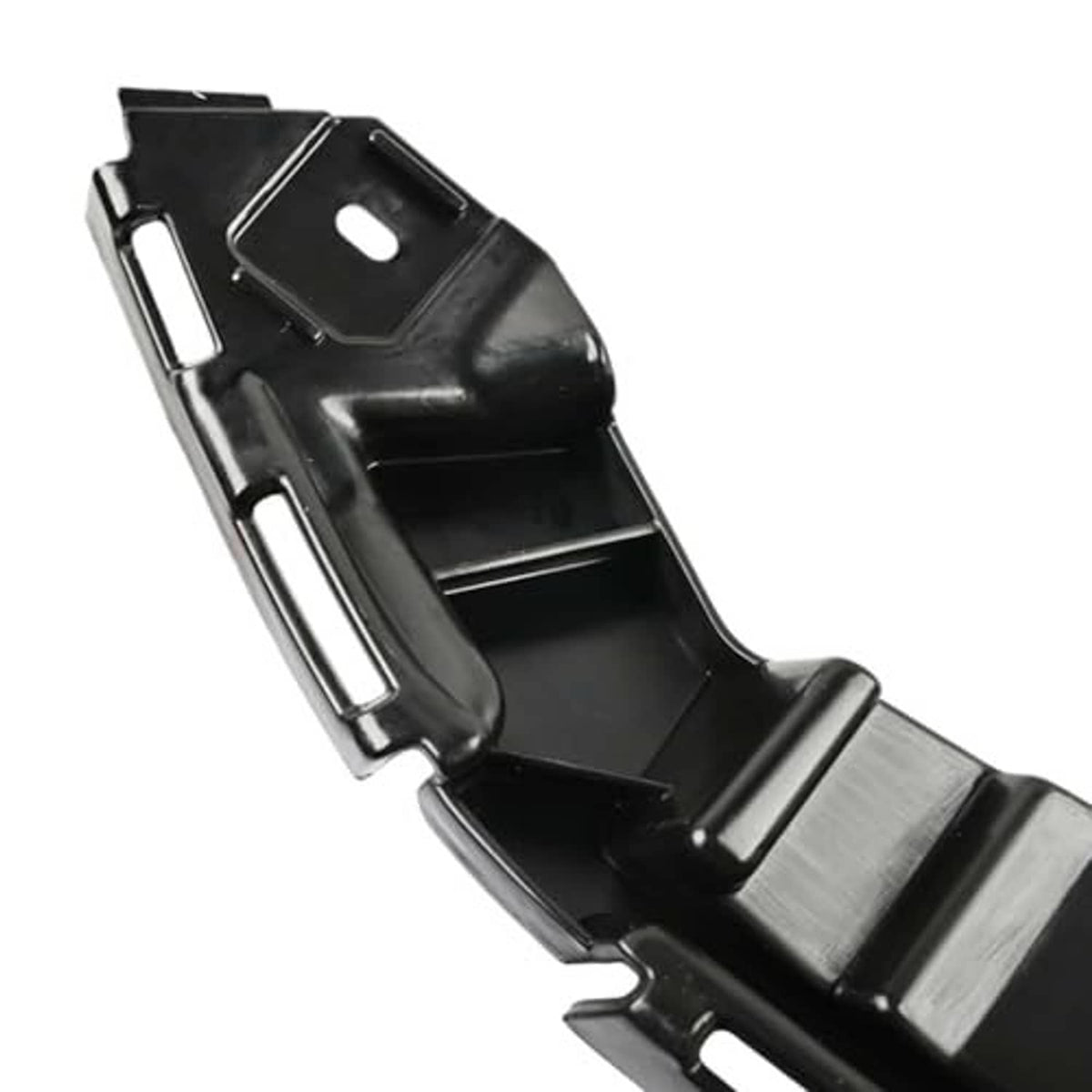 Front bumper cover support bracket with rectangular mounting arm and circular hole