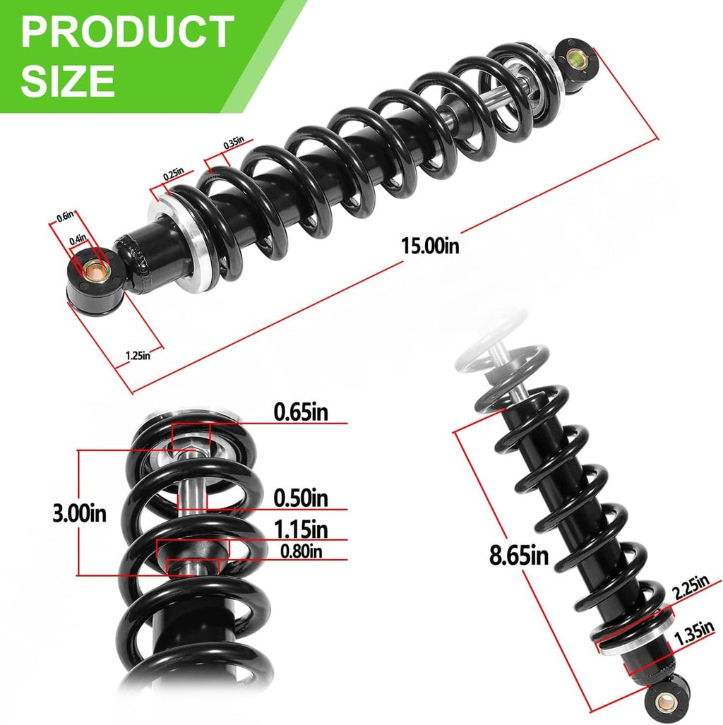 Front shock absorber with black coil spring and circular eyelet mount, size shown
