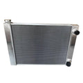 Aluminum racing radiator with two-row fin core and black mounting caps