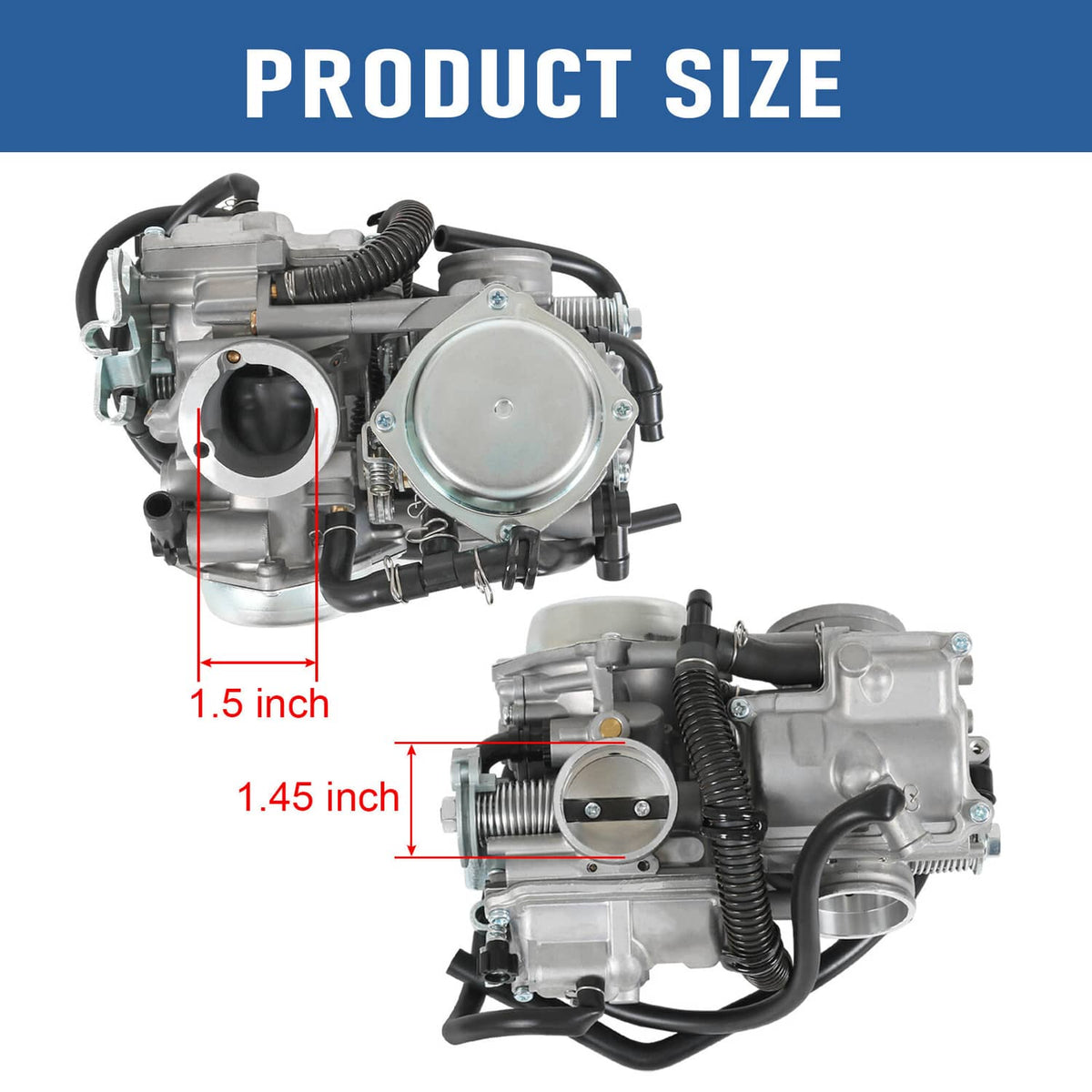 Carburetor assembly side view with round air intake and connected hoses