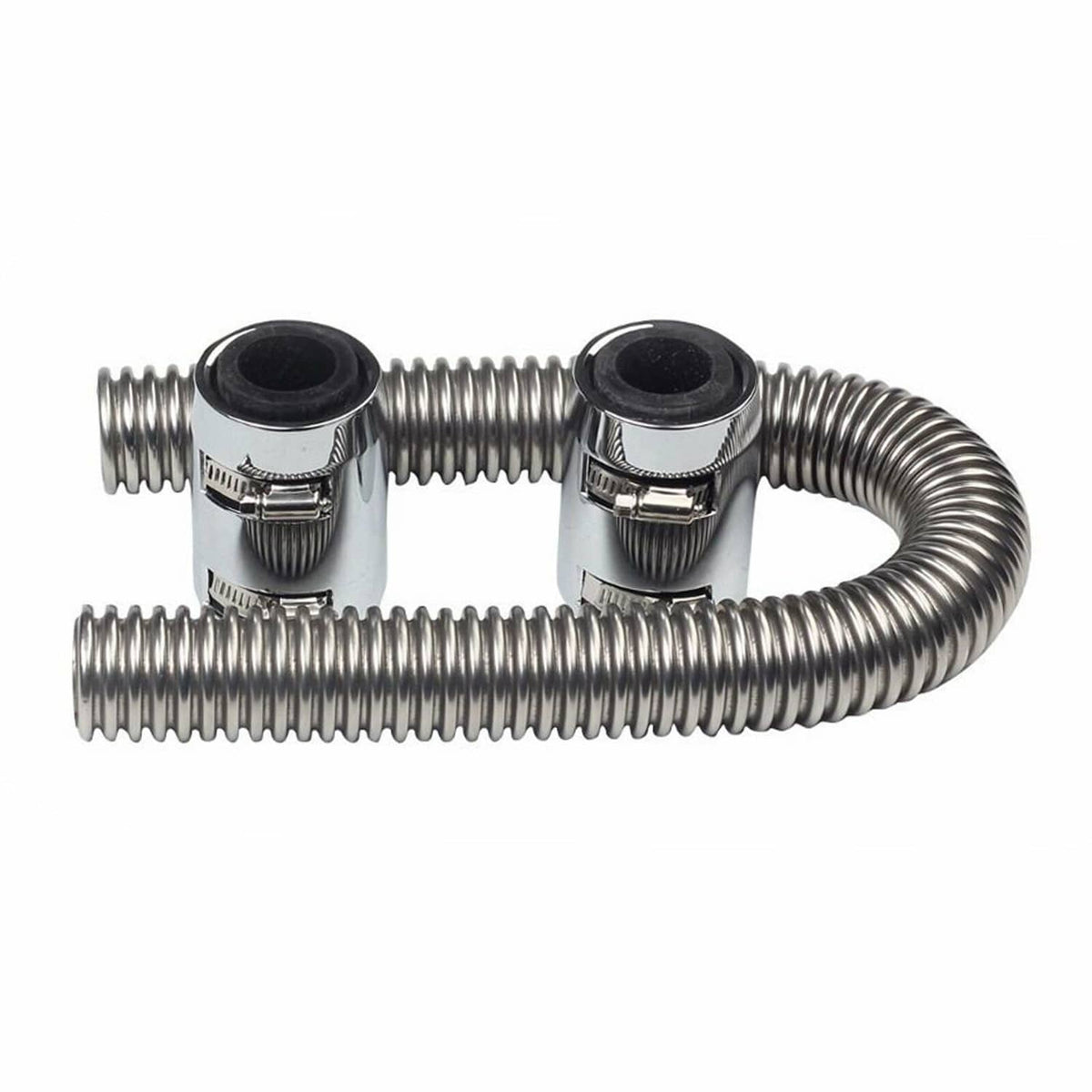 Flexible radiator hose with two chrome caps and stainless steel accordion corrugation
