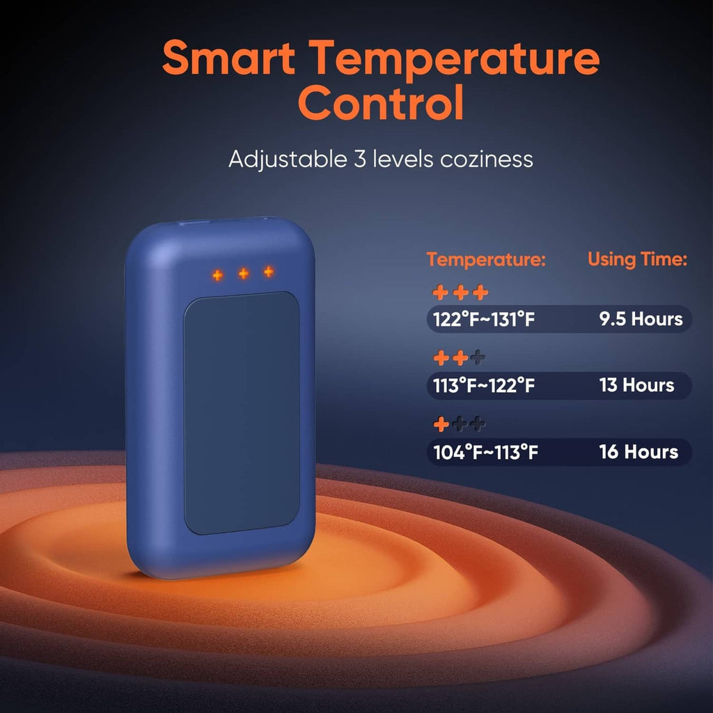 Rechargeable hand warmer, navy blue, temperature control screen with three heat levels.
