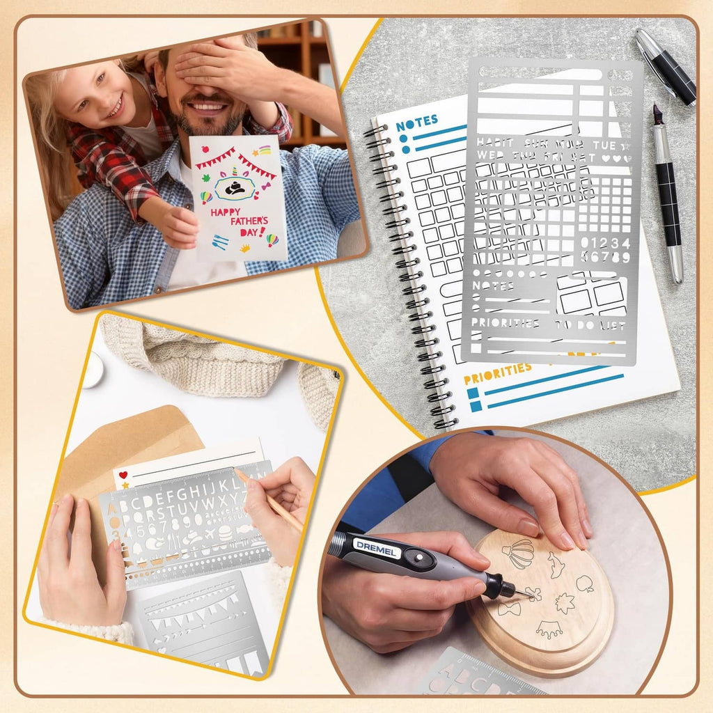 Silver metal stencil sheets used on a spiral notebook with notes and calendar sections