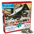 500-piece jigsaw puzzle box showing a snowy cabin scene with people and decorations