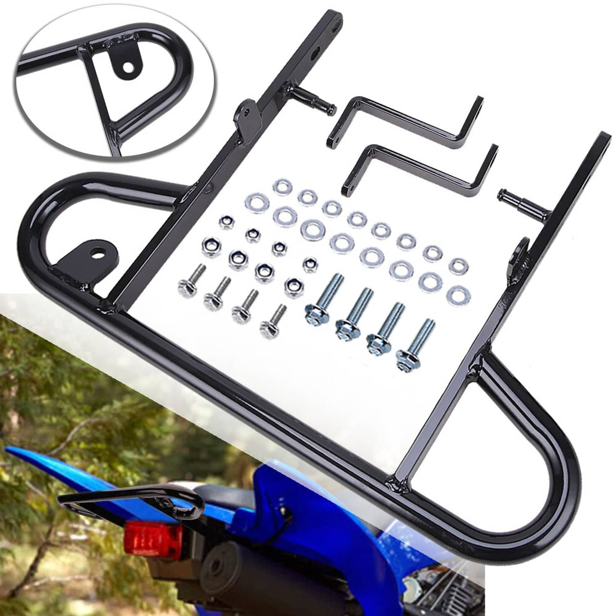 Black ATV rear bumper mounting frame with bolts, washers, and L-shaped brackets