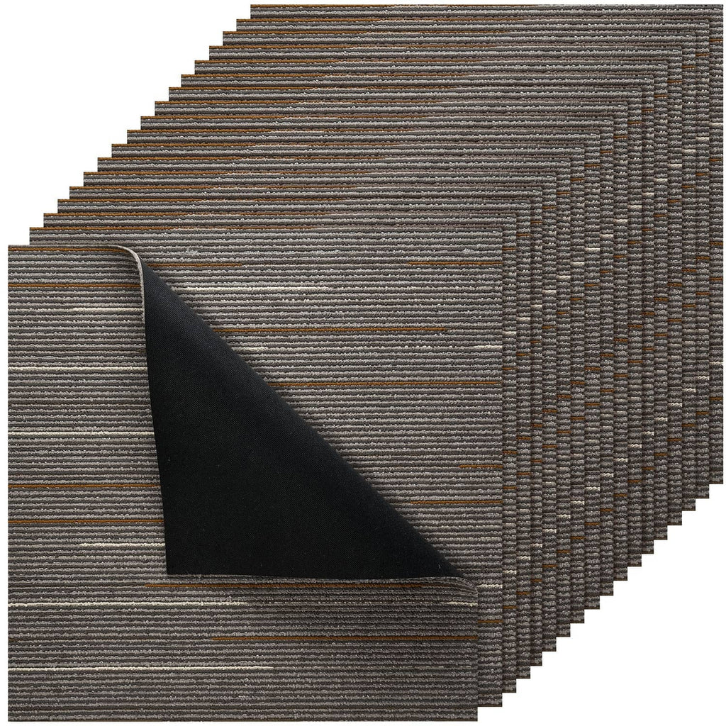 Brown and gray striped carpet tiles with soft padded backing, stacked set