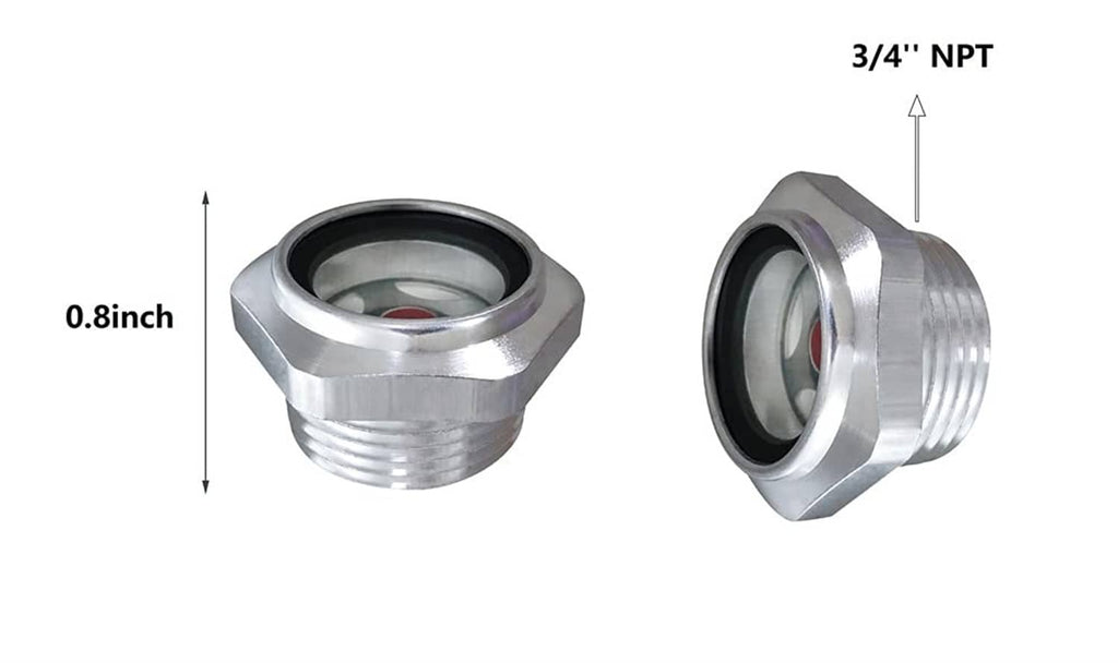 Pair of 3/4 in NPT oil sight glasses, silver metal with red indicator and round window