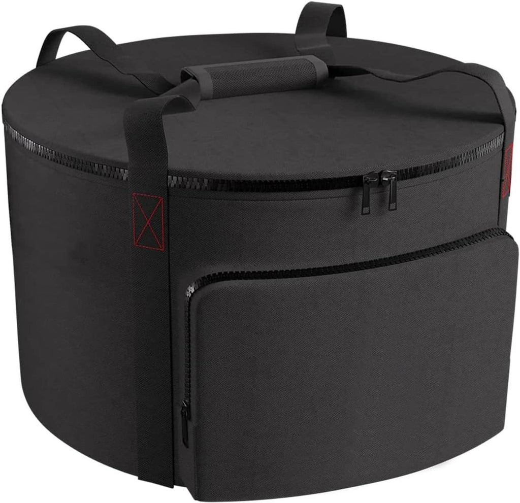 Black round outdoor carrying bag with top handle and front zipper pocket