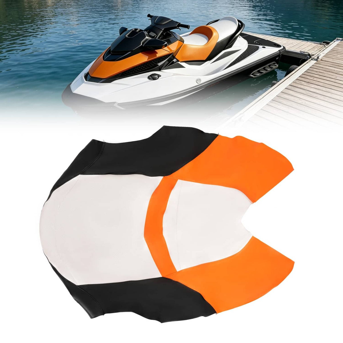 Jet ski seat cover, white and orange with black panels, contoured molded shape