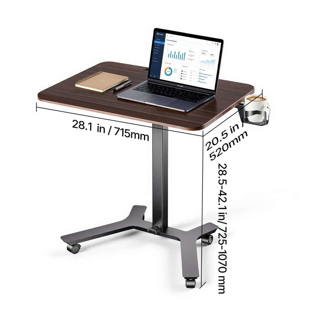 Dark wood standing desk with laptop tray arm and rolling caster feet