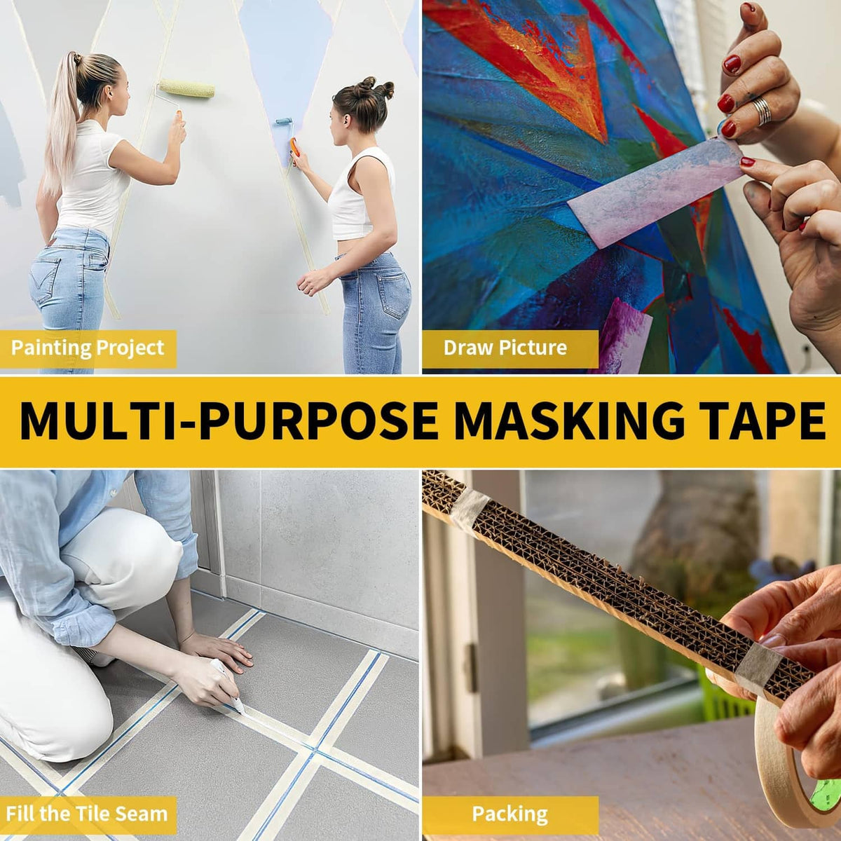 Beige masking tape being applied by hand for painting and covering lines
