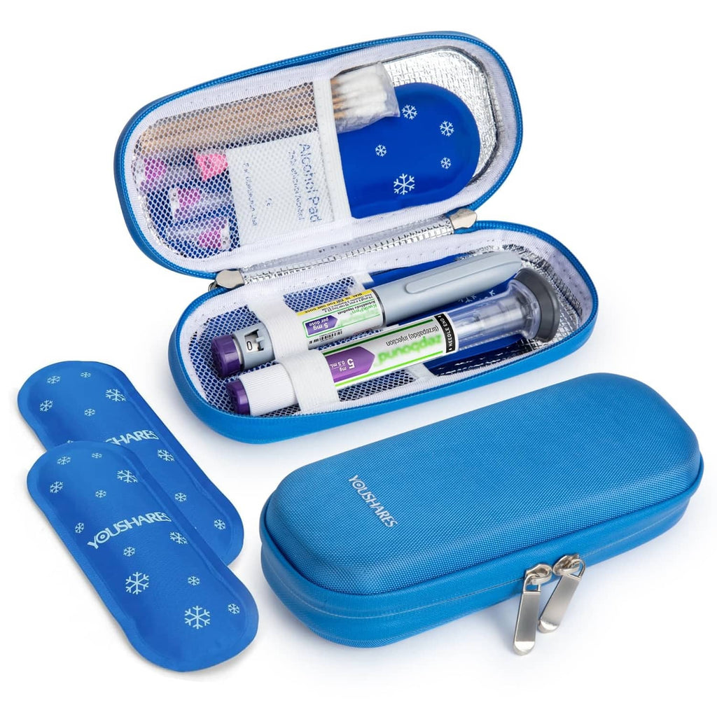 Blue zippered GLP-1 cooler travel case with mesh pockets and matching blue ice pack sleeves