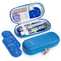 Blue zippered GLP-1 cooler travel case with mesh pockets and matching blue ice pack sleeves