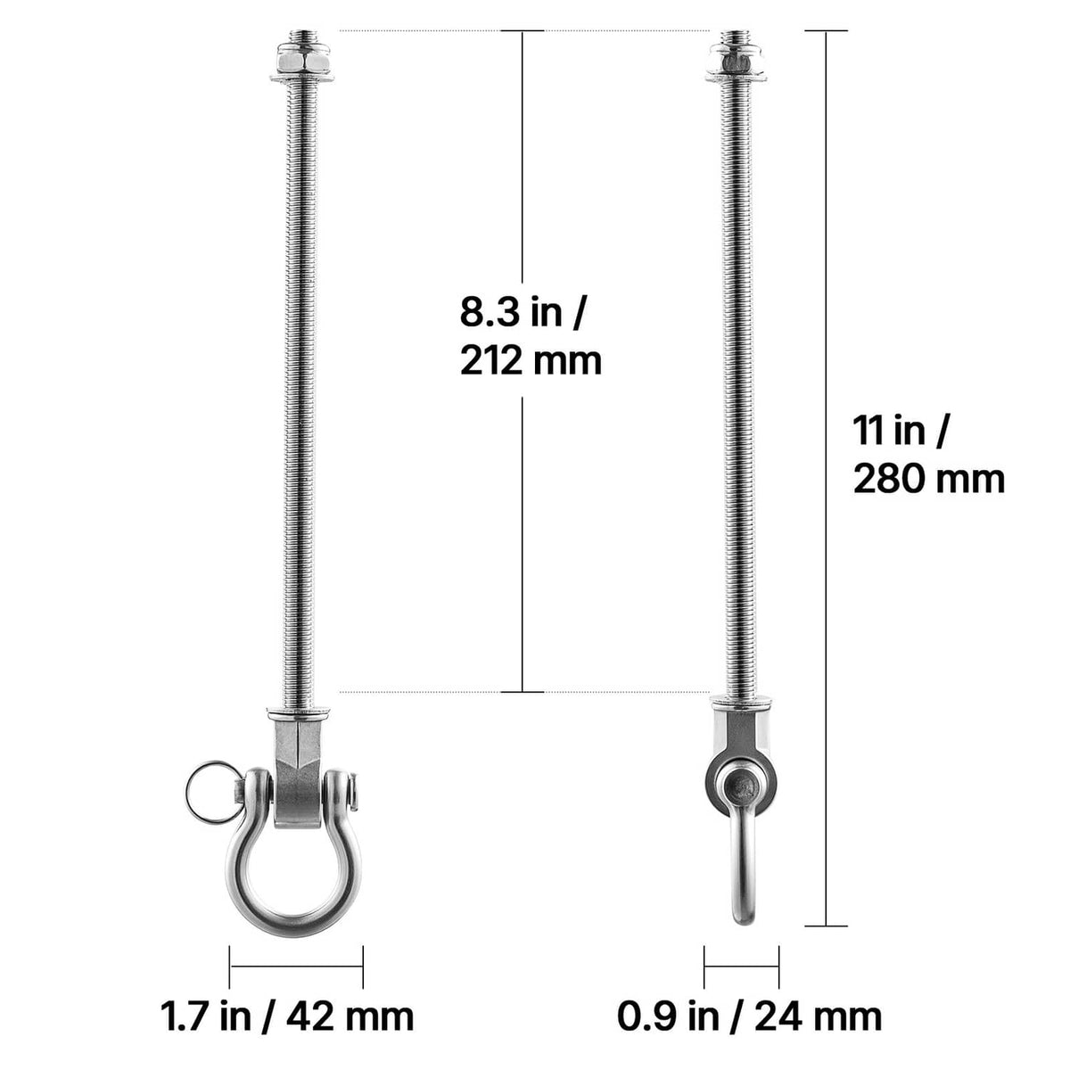 Dimension diagram of swing bracket with loop hook and threaded post, silver