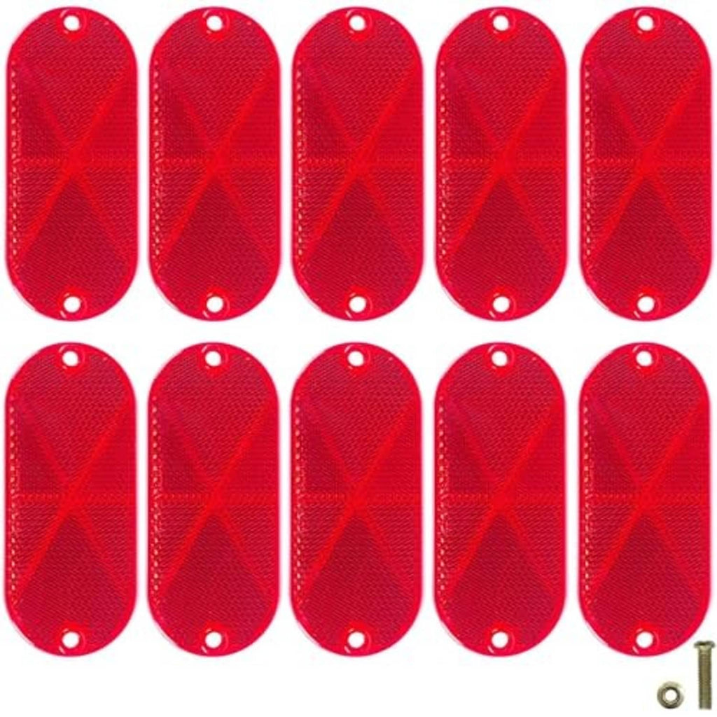 Pack of 10 red oval bike reflectors with mounting screws included.