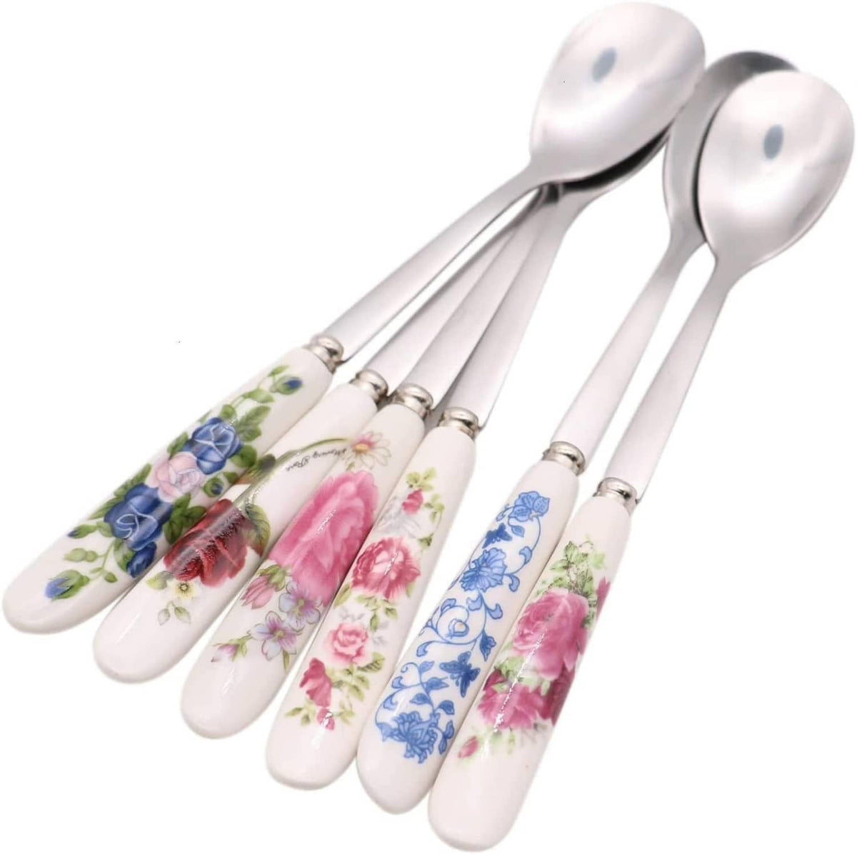 6-pack stainless steel teaspoons featuring white ceramic handles with mixed floral prints