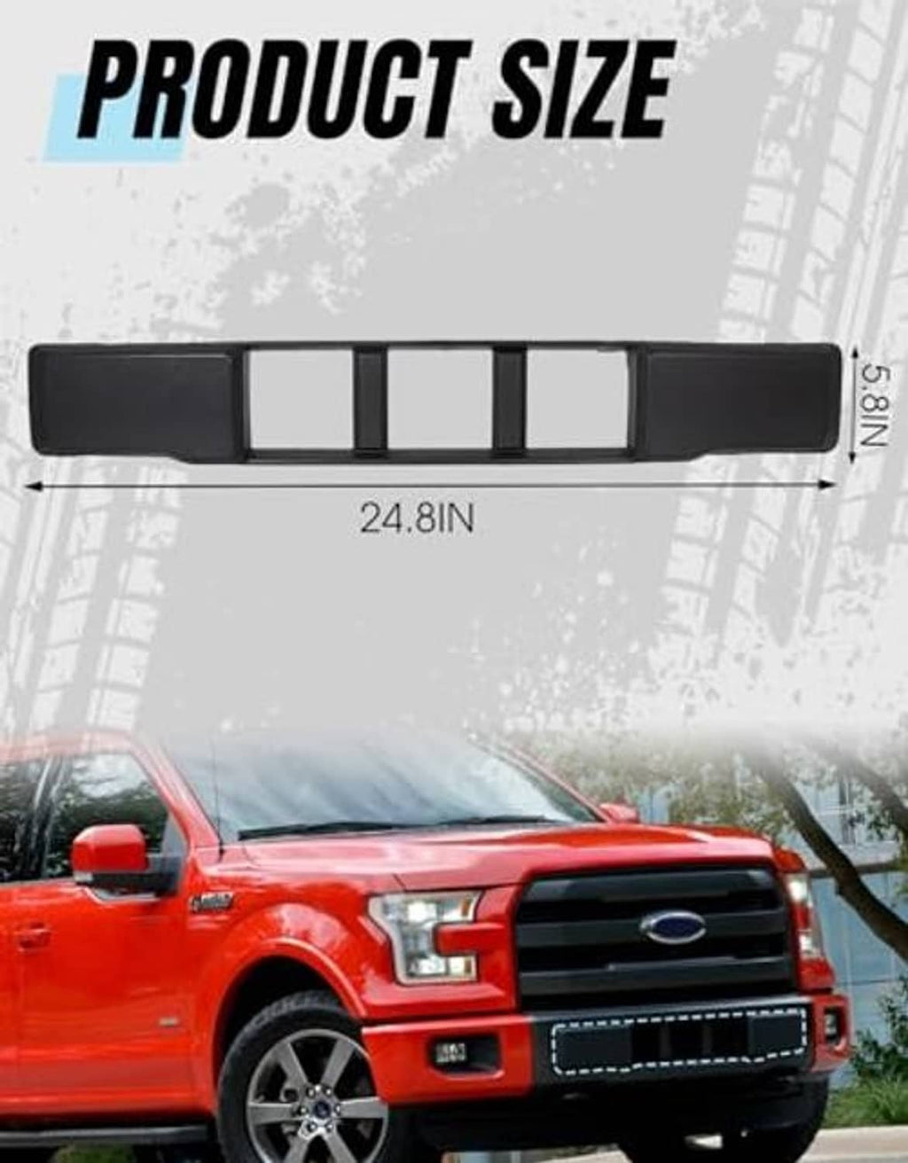 Black front lower grille trim bar with four vertical openings and size reference