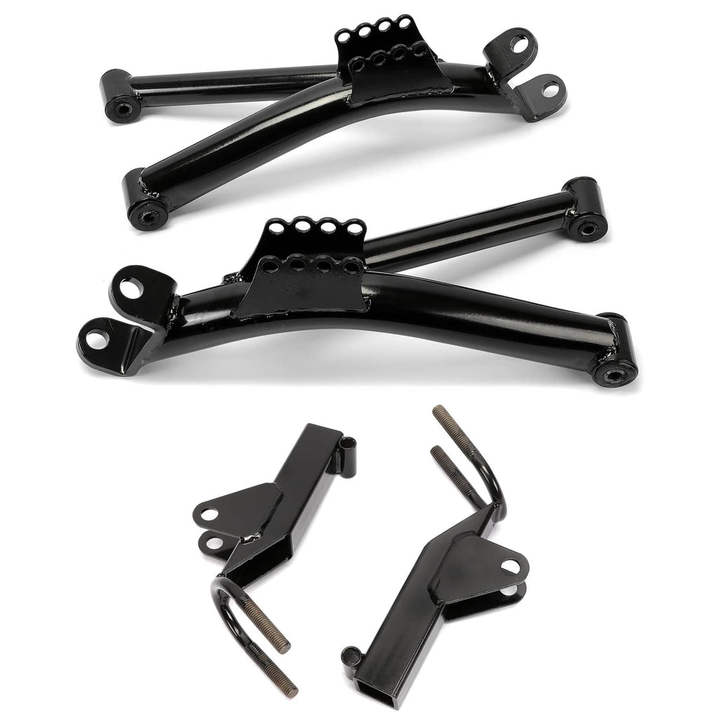 Two black A-arm lift arms with front mounting plates and attached hardware brackets