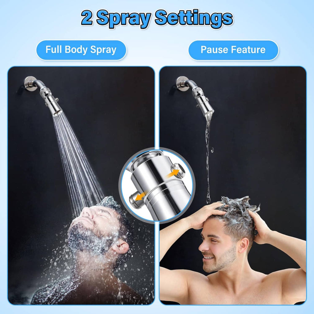 Chrome shower head with two spray settings, full-body spray and pause feature