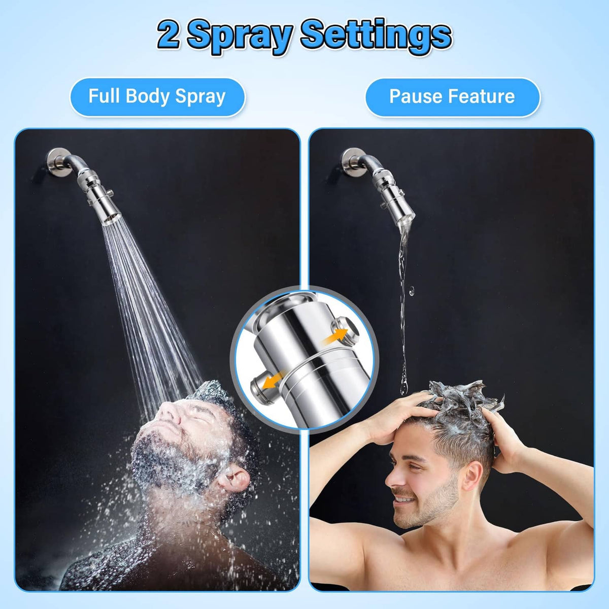Chrome shower head with two spray settings, full-body spray and pause feature
