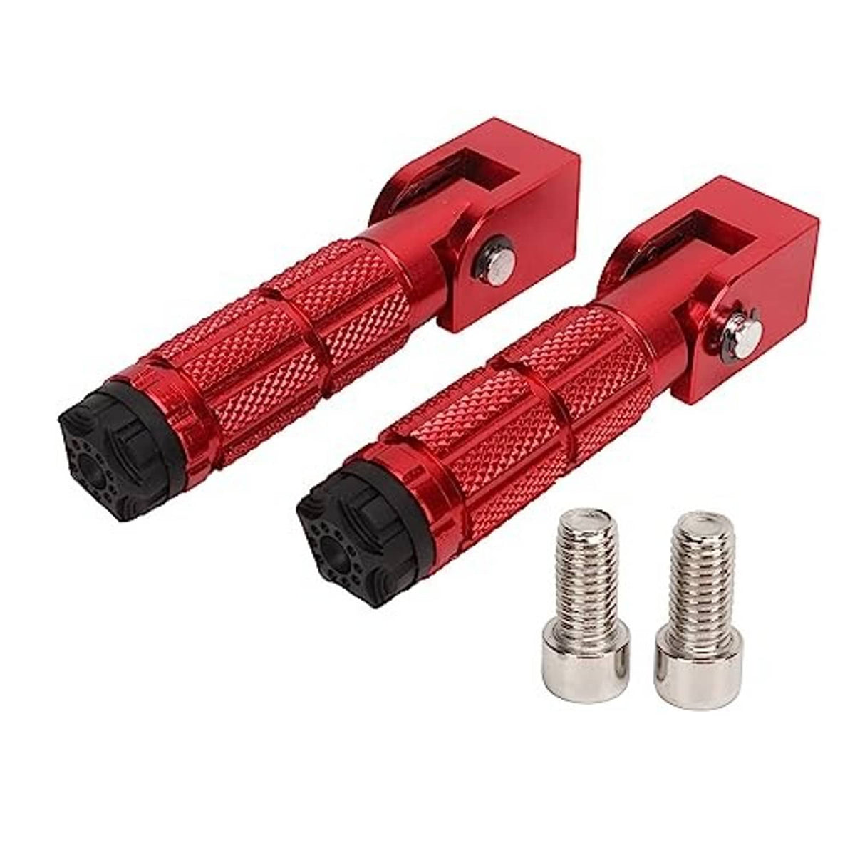 Red foldable motorcycle foot pegs, serrated grip texture, black end caps, included bolts