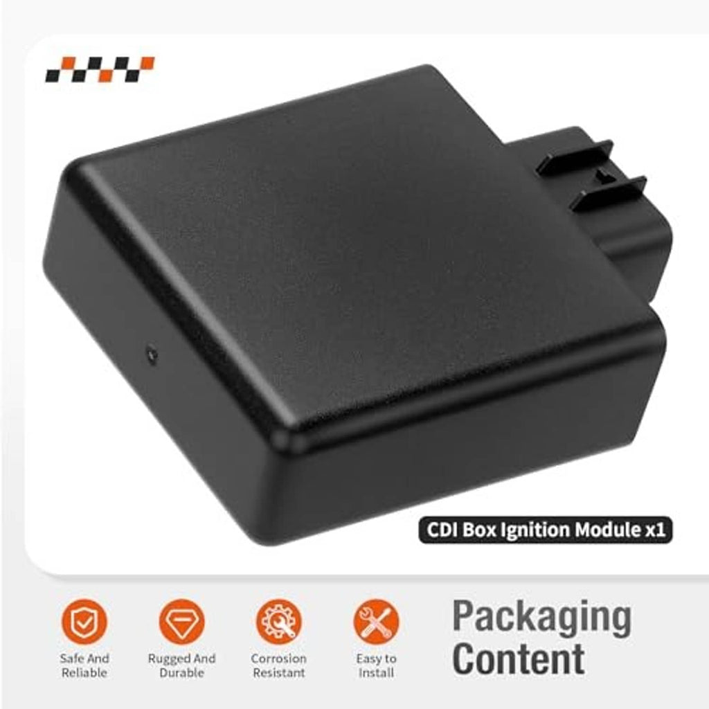 Black CDI ignition module on white packaging card with product badge
