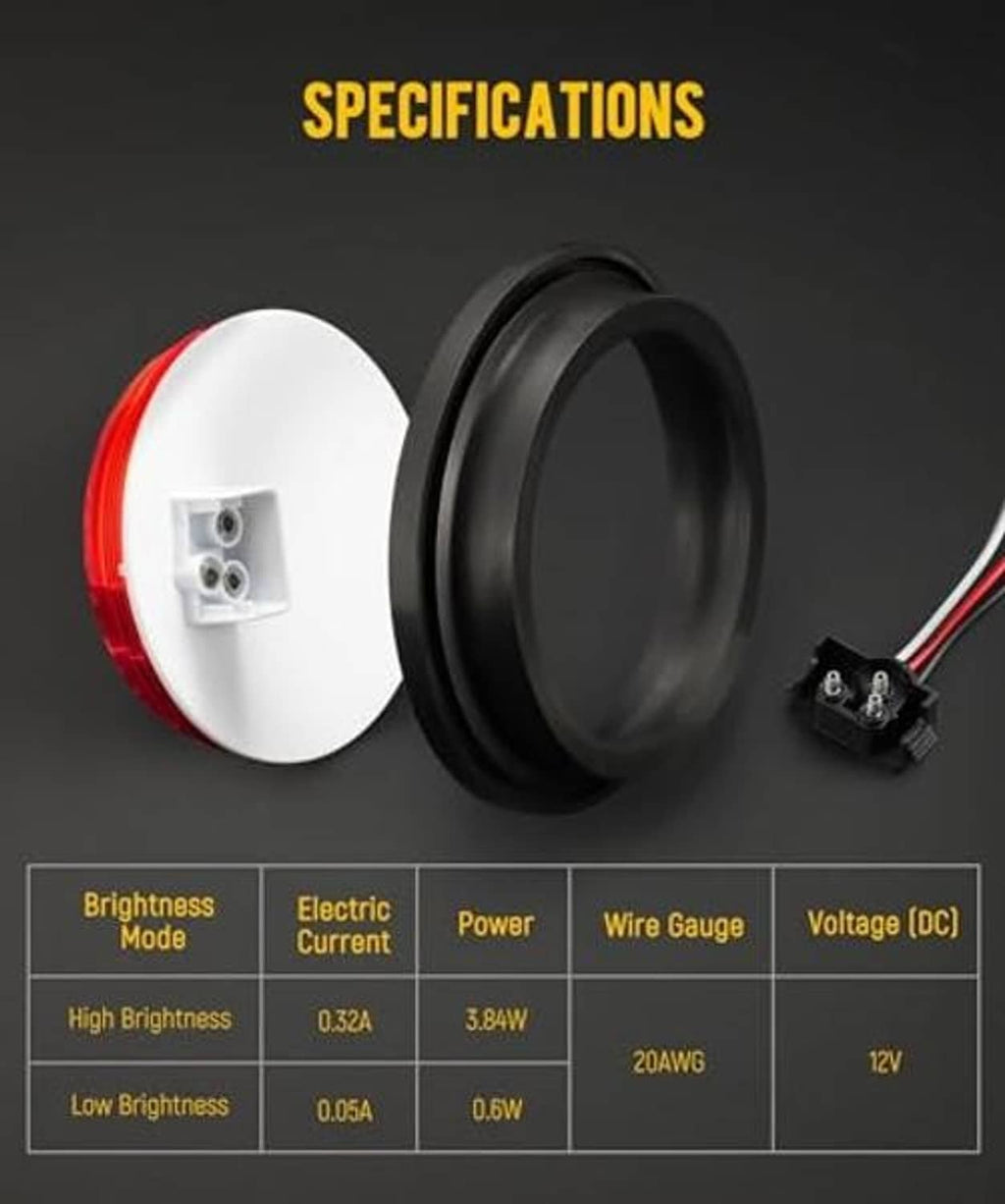Round red LED trailer light with wiring terminals and compact black mounting housing.