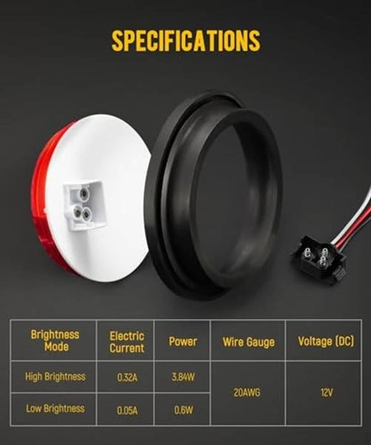 Round red LED trailer light with wiring terminals and compact black mounting housing.