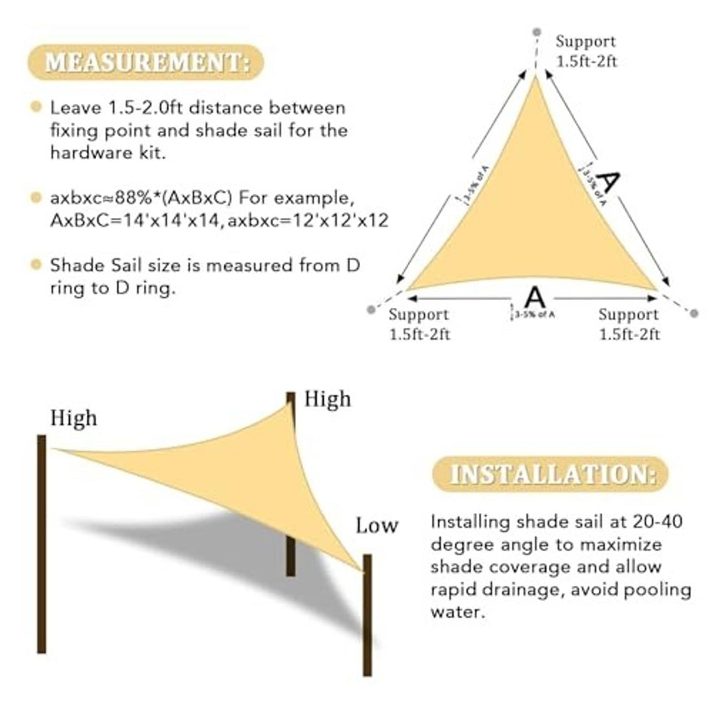 Triangular shade sail installation diagram with support and ring points