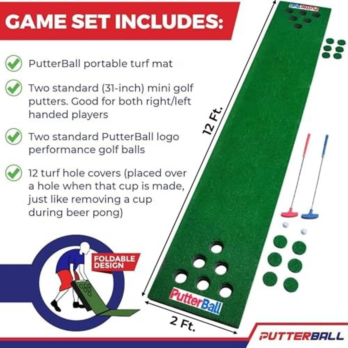Green turf putting mat with hole cups, two mini putters, two white balls, and turf covers.