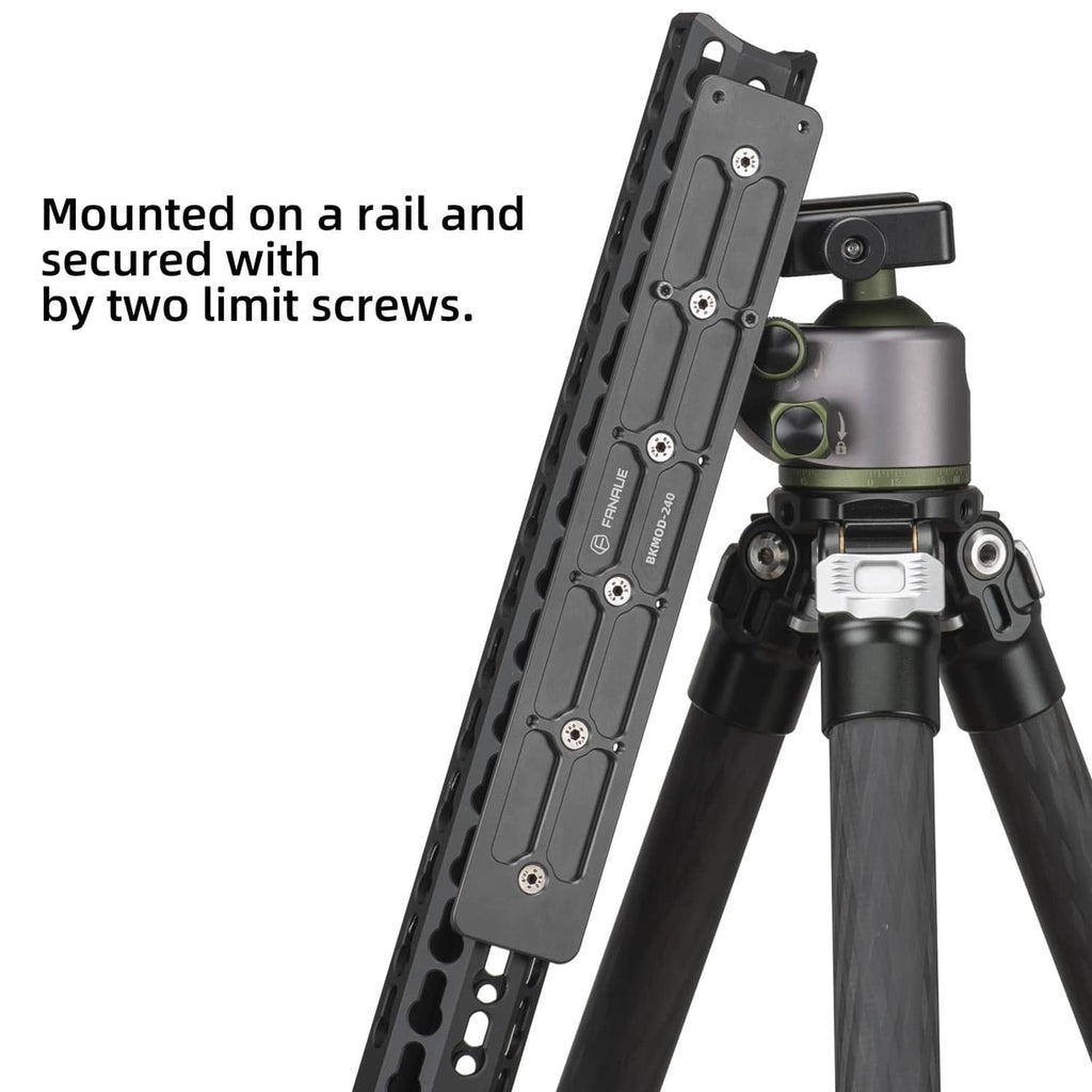 Black rail adapter plate secured to a tripod head, showing mounting screws