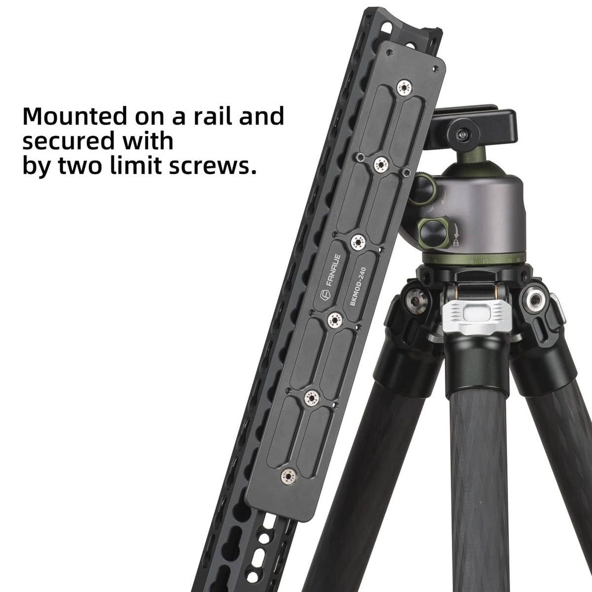 Black rail adapter plate secured to a tripod head, showing mounting screws