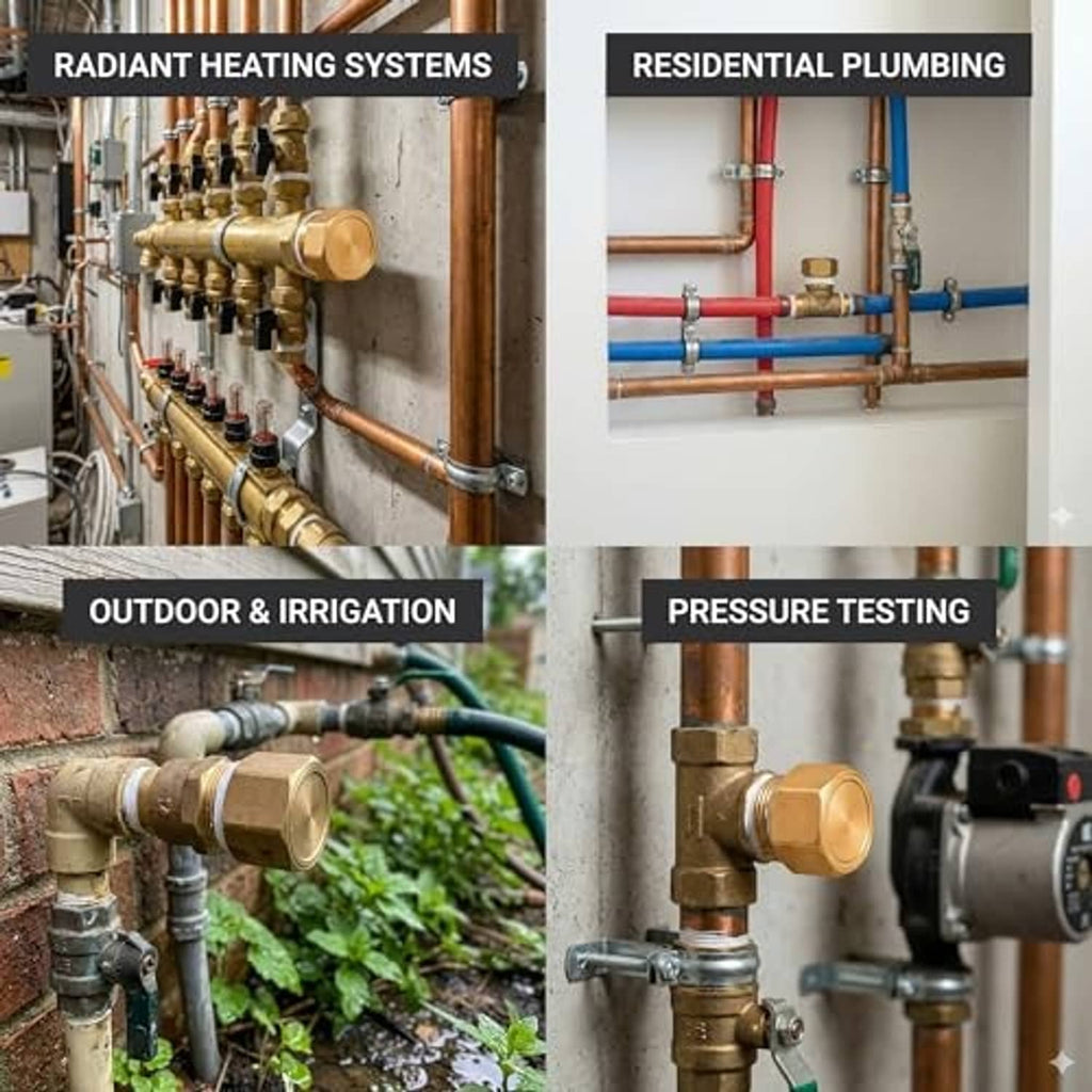 Brass NPT female pipe cap on plumbing line, hex head with threaded connection