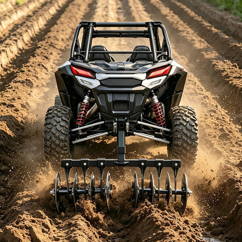 Receiver disc plow harrow attachment with curved disc blades on a UTV