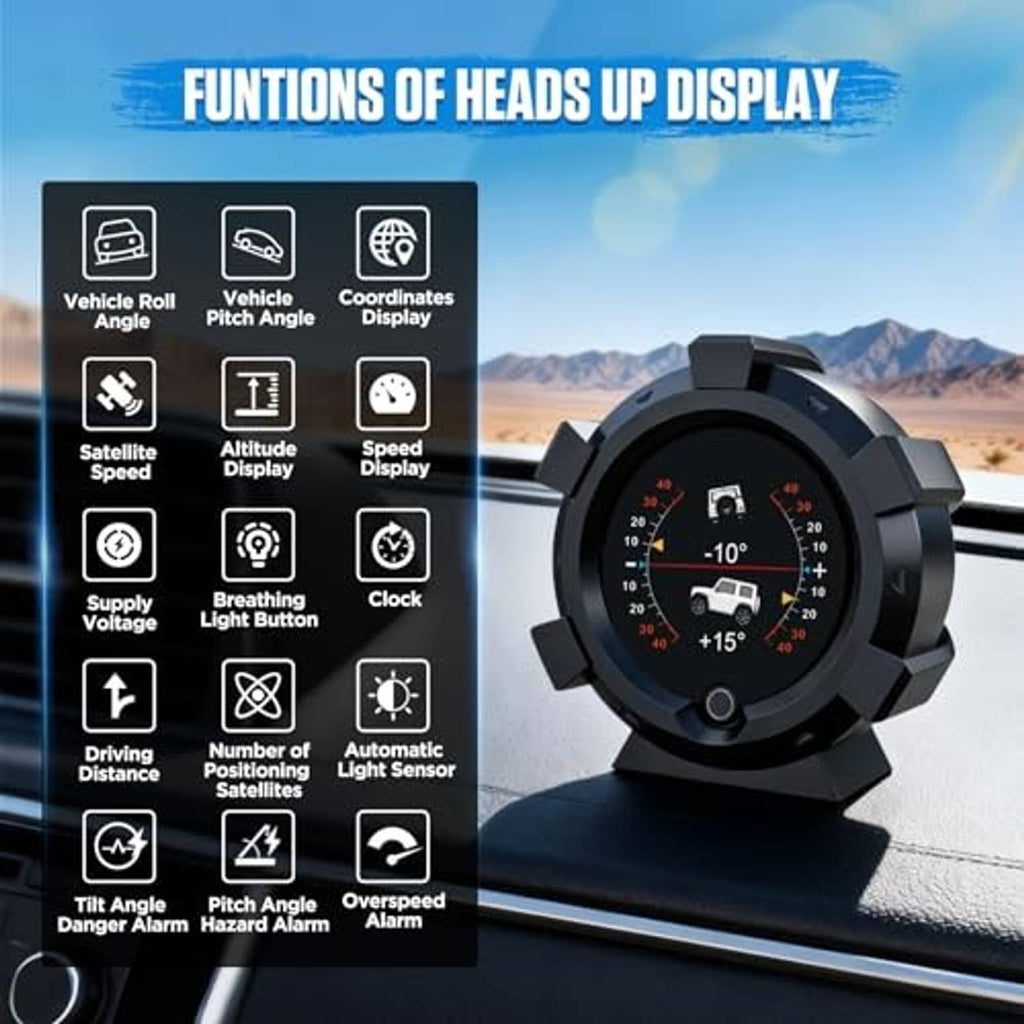 GPS speedometer HUD inclinometer unit on dashboard showing -10° and +15° angle readings