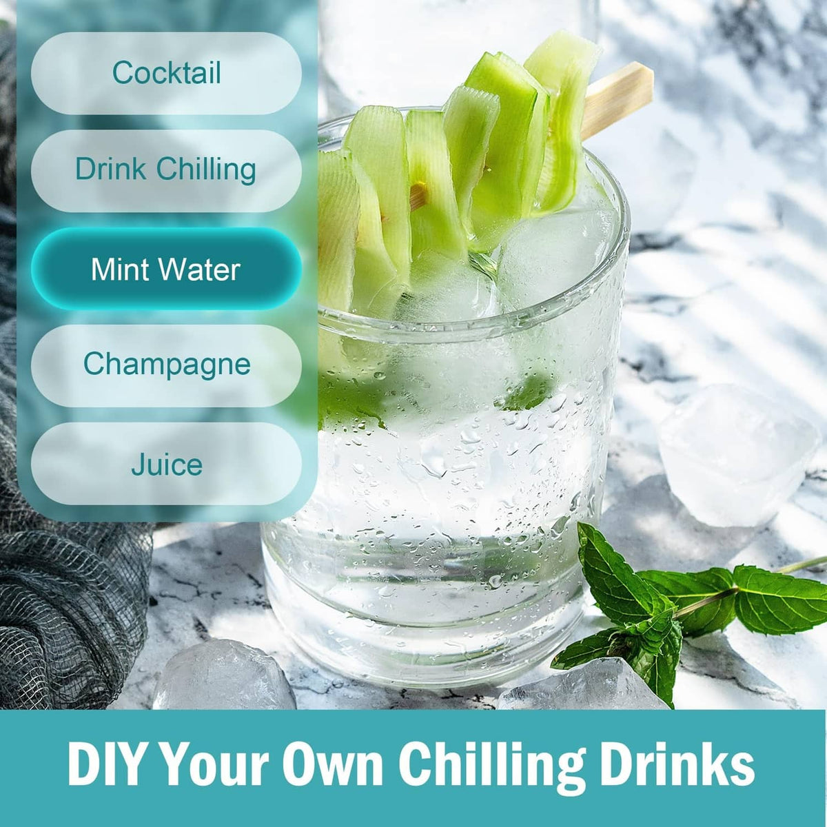 Glass of mint water with large ice cubes and cucumber slices