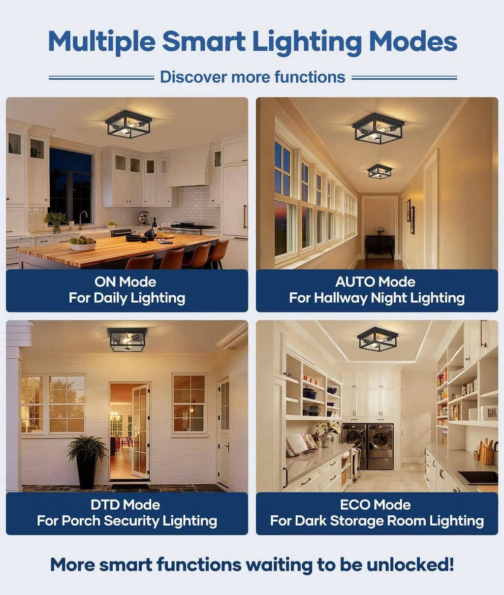 Black flush-mount outdoor motion-sensor ceiling light with exposed bulb.