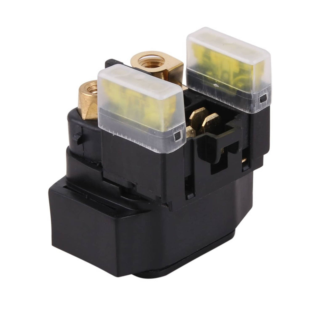 ATV starter solenoid relay assembly side view with three brass terminals and clear blocks
