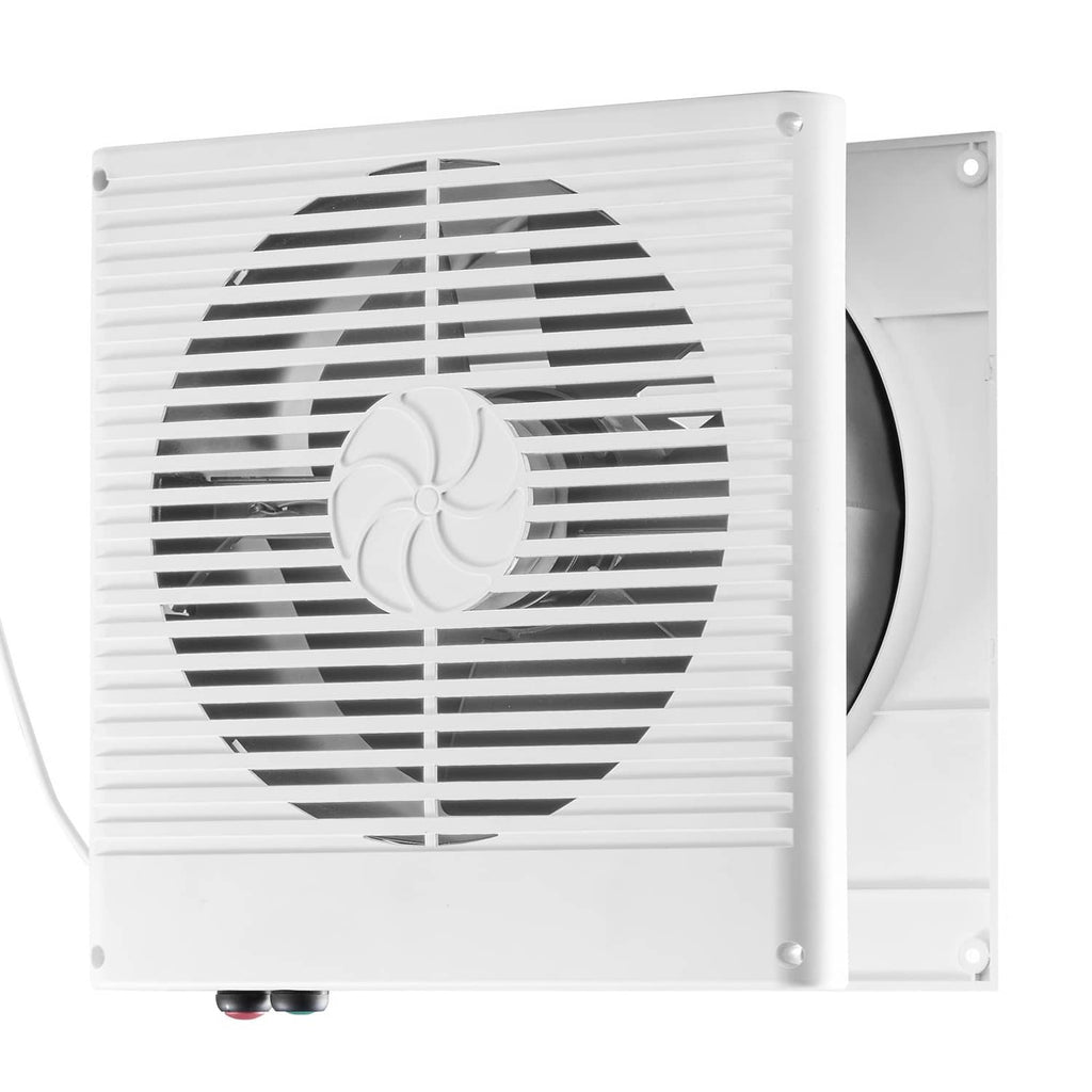 White wall-mounted ventilation fan angled front view with black grille and centered rotor