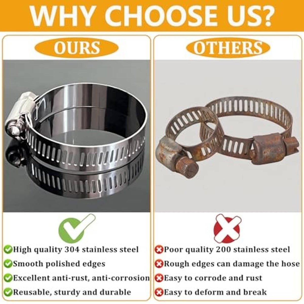 Promotional comparison showing stainless steel hose clamp with smooth, rust-resistant design