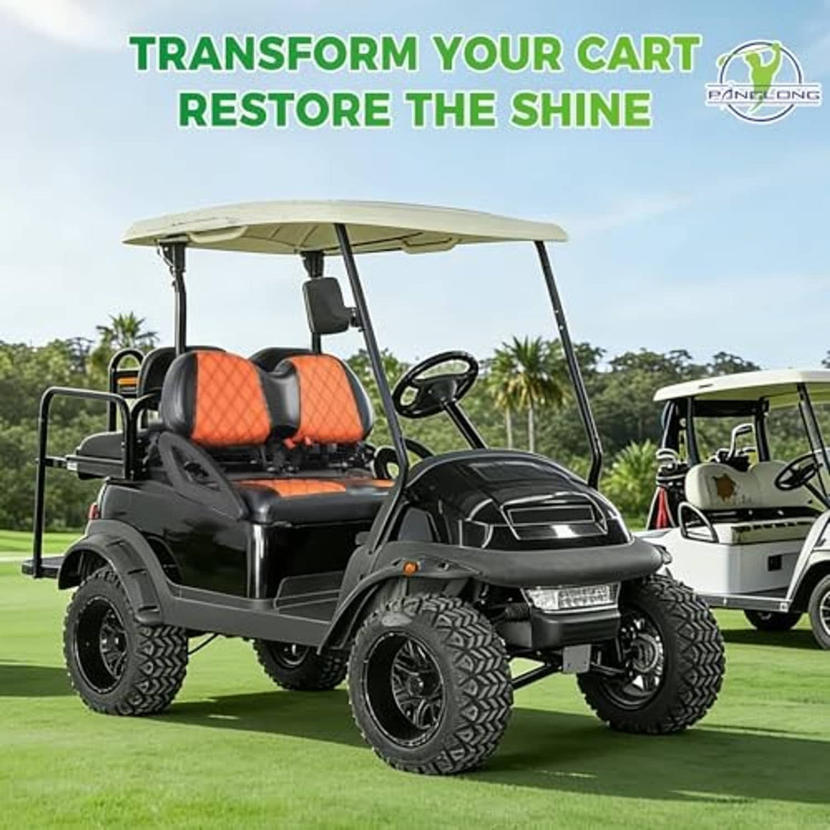 Golf cart with orange diamond-pattern seat covers on front and rear seating
