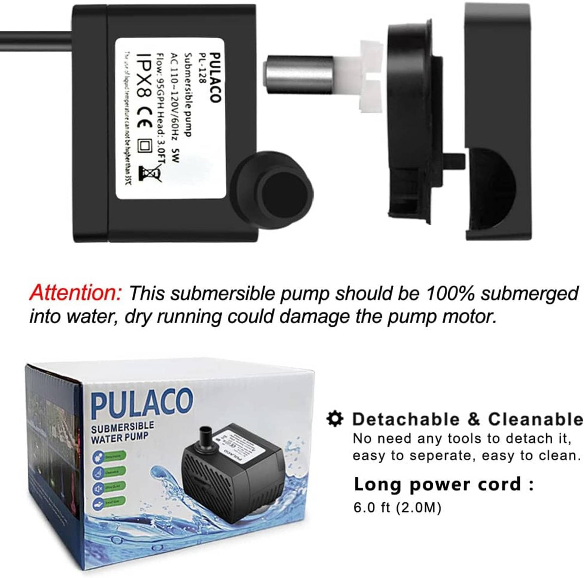 Black submersible water pump with detachable outlet and power cord, side view