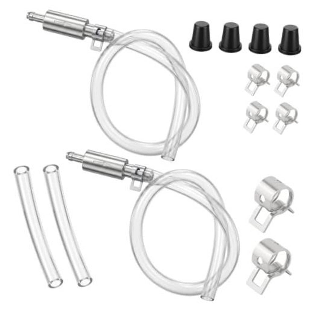 Brake bleeder hose kit set with two clear hoses, silver valves, black rubber caps, clamps