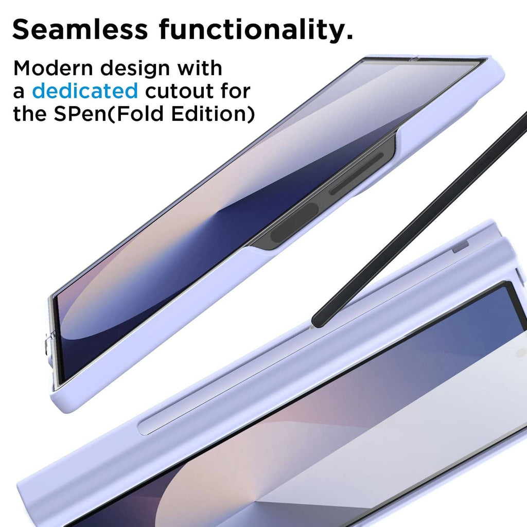 Light purple slim case with S Pen cutout, open angled view for Fold phone