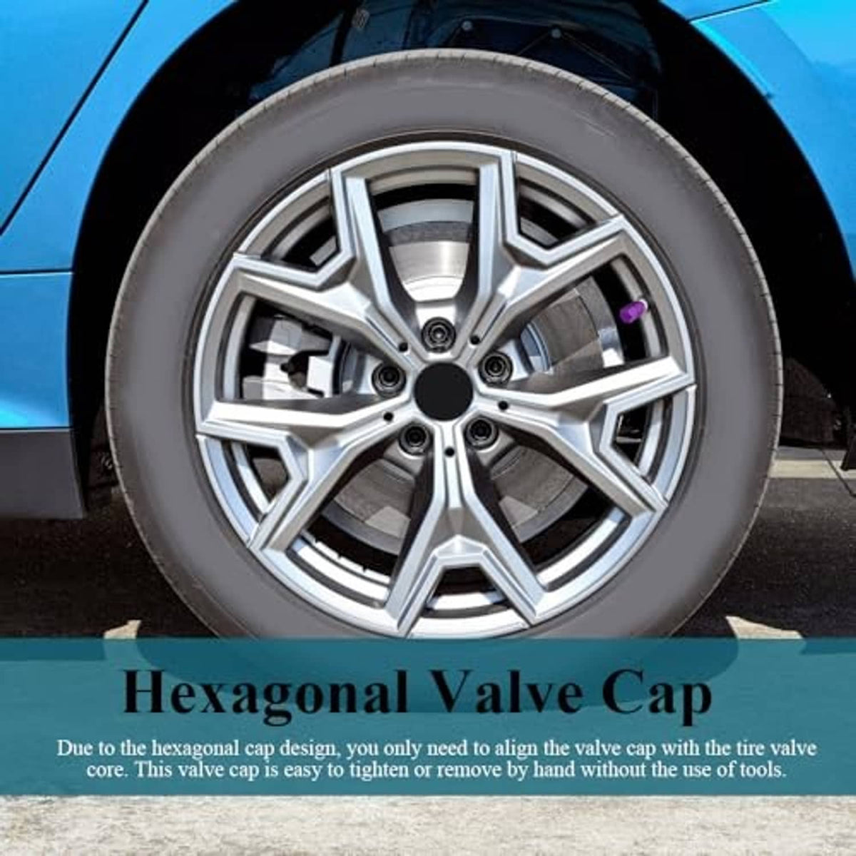 Purple hexagonal valve cap on silver alloy wheel, close-up