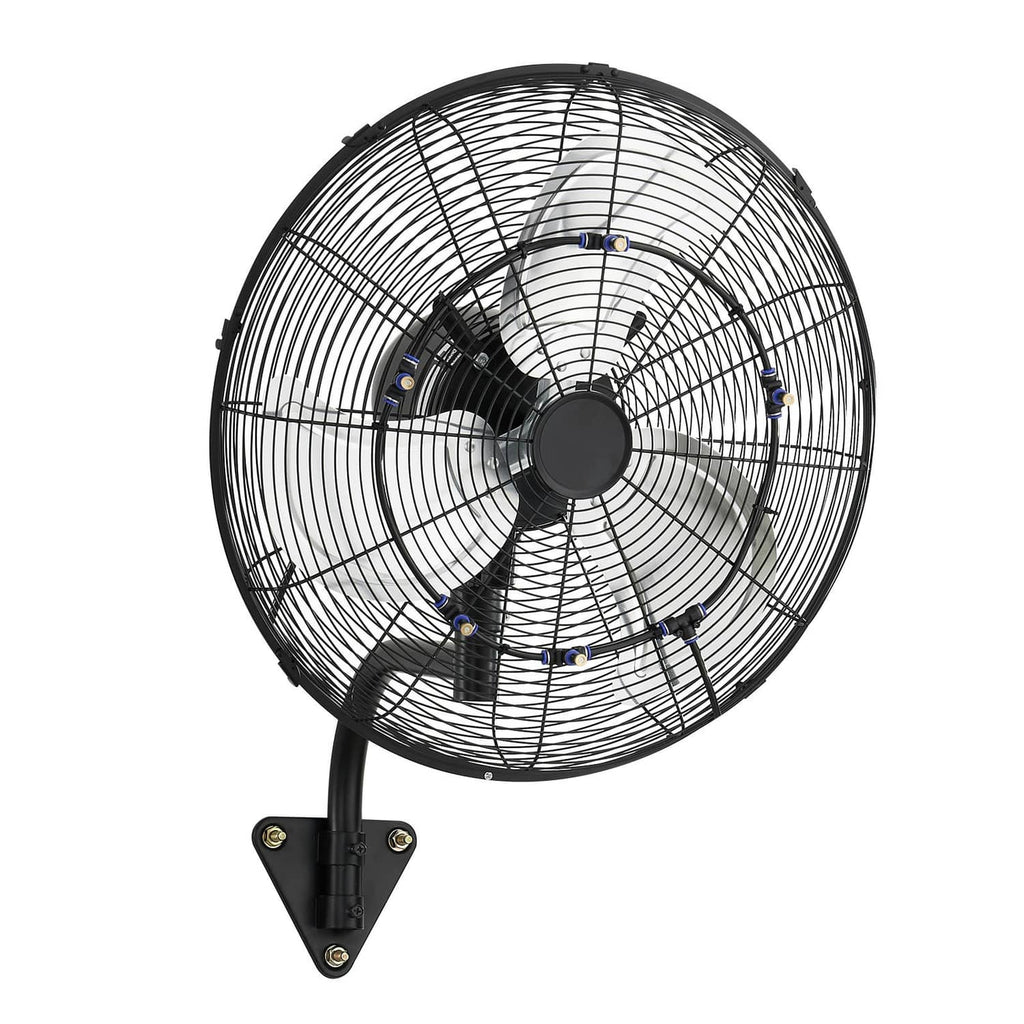 Front view of wall fan with protective grille and five-blade fan hub, black mount bracket