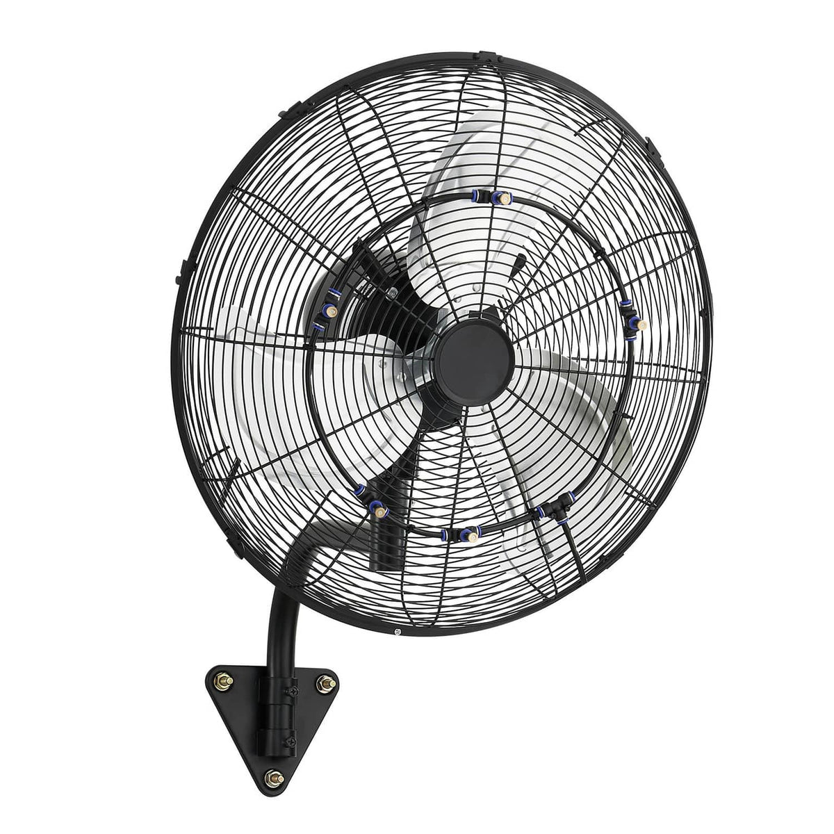 Front view of wall fan with protective grille and five-blade fan hub, black mount bracket